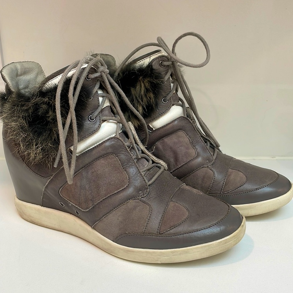 Y-3 Yohji Yamamoto Adidas Leather Wedge Sneaker US 8.5 Fur Trim Gray GUC